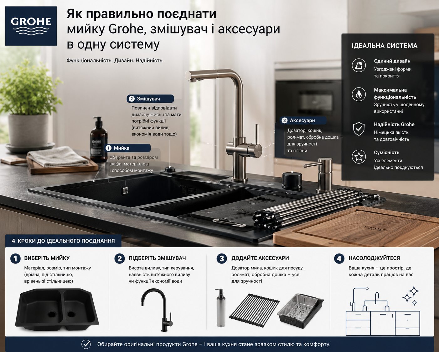 Як правильно поєднати мийку Grohe, змішувач і аксесуари в одну систему